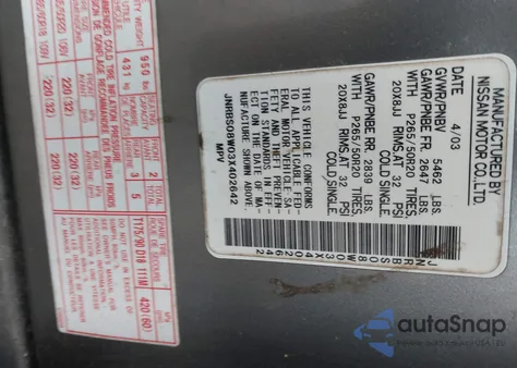 2003 Infiniti Fx45 from USA, damaged, VIN JNRBS08W03X402642